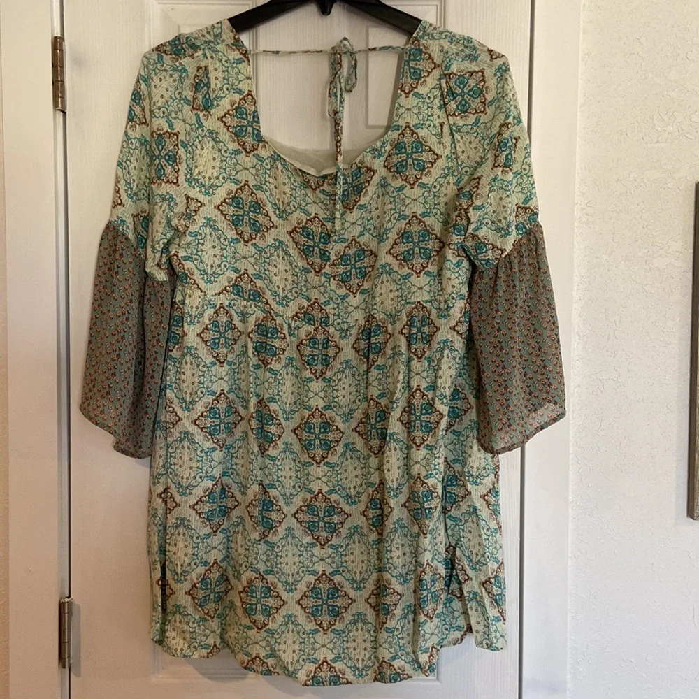 Umgee Aqua Teal Patterned Mini Dress with Olive Bell Sleeves - Picture 9 of 11